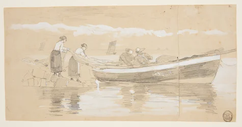 Fisherman and Women Stowing Nets in a Beached Dory, Cullercoats, England