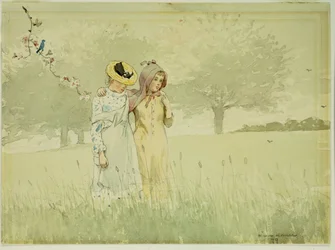 Girls Strolling in an Orchard