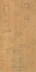 Page from a Scrapbook containing Drawings and Several Prints of Architecture, Int...