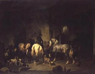 The interior of a stable with sportsmen and other animals