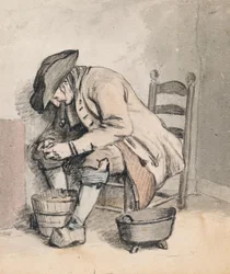 A Seated Man Leaning over a Pail; Three Women (Shadowy) on Verso