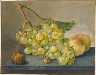 Still Life with Bunch of Grapes, Walnut and Peaches
