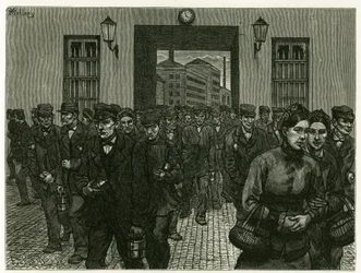 A factory exit in Ghent. Engraving by X. Mellery, after nature, to illustrate the story 