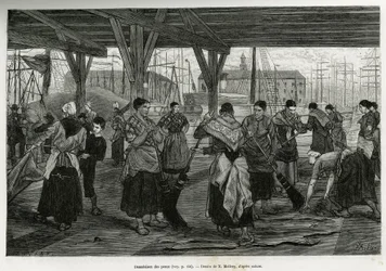 Desalation of the skins, by women scraping the remains of the beasts stretched under the structures of the halls of the port of Antwerp. Engraving by X.Mellery, to illustrate the story of Belgium, by Camille Lemonnier, published in the Tour du monde, edite