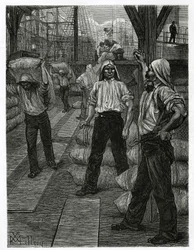 The unloading of a ship, the dockers with their heads covered with a tarmac cap, pile up the goods on the docks of the port of Antwerp. Engraving by X. Mellery, to illustrate the story of Belgium, by Camille Lemonnier, published in the Tour du monde