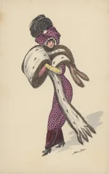 Pretty Girl, in Purple Spotted Dress, with Large Fur Muff and Drape