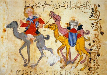 Camel caravan in the desert. Miniature from the Maqamat by Abu Mohammed al-Kasim ibn Ali Hariri, illuminated by Yahya Mahmud al-Wasiti in 1237