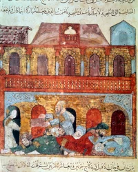 The wandering navigator Abu-Zayd and the sleeping merchants. Miniature from the Maqamat (Seances) by Abu Mohammed al-Kasim ibn Ali Hariri (1054-1122) illuminated by Yahya Mahmud al-Wasiti