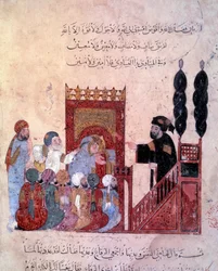 The wandering navigator Abu-Zayd enters the mosque of Maragha. Miniature from the 