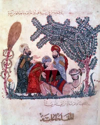 The bourgeois al-Harith, son of Hammam, discovers a message from the wandering navigator Abu-Zayd. Miniature taken from the Maqamat of Abu Mohammed al-Kasim ibn Ali Hariri
