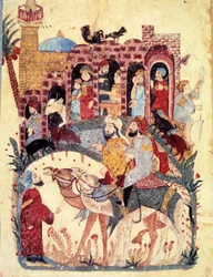 The bourgeois al-Harith, the son of Hammam, and the wandering navigator Abu-Zayd arrive in a city, the mosque and the minaret, trade activities, bazaars and women