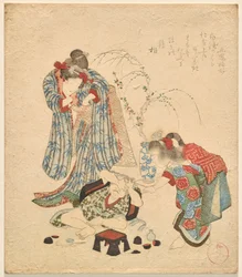 Two girls with their little brother who knocked over the sake set
