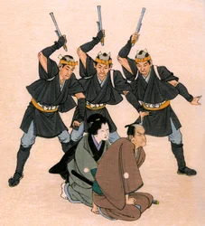 Traditional Japanese theatre: three men-at-arms threaten a male and a female character