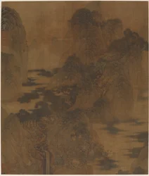 Landscape: Mountain Gorge, Mist, a Brook, and Buildings
