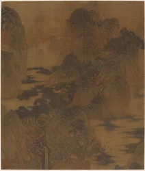 Landscape: Mountain Gorge, Mist, a Brook, and Buildings