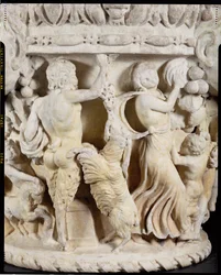 Carved column capital depicting Pan teasing a rearing goat with a bunch of grapes and a maenad beating time with a tambourine, Italian, from Rome, c.180-220 (detail)