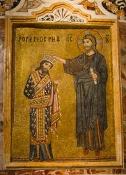 Interior Mosaic of King Roger II Receiving the Crown of Sicily from Christ, Piazza Bellini, Palermo, Sicily, Italy (photo)