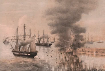 Explosion of lantern of Ancona at side of sea, siege of Ancona