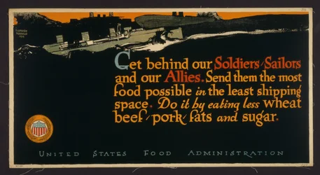 Get behind our Soldiers, Sailors and our Allies. Send them the most Food possible in the least Shipping Space. Do it by Eating Less Wheat, Beef, Pork, Fats, and Sugar