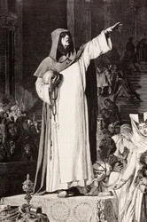 Girolamo Savonarola, Italian Dominican friar preaching against immorality and luxury which would tempt sin, after a work by De Langemantels, from 