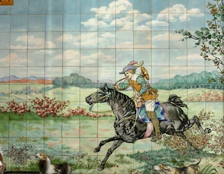 Interior view, tile panel, hunting scene with galloping rider with hunting horn