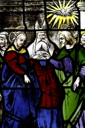 Museum of the Milan Cathedral. Stained glass window. Marriage of the Virgin with Joseph. 16th century. Italy.