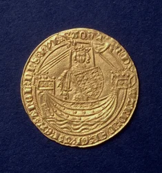 Noble of Edward III (1312-77) obverse showing the king on a ship, Calais mint, intro. 1344