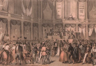 Plebiscite for annexation to Italy, hall of University of Naples, Campania, Italian Risorgimento, lithograph by Carlo Perrin from drawing by Carlo Bossoli