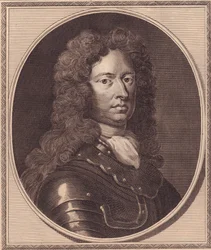 Portrait of English soldier Thomas Tollemache, copper engraving by John Goldar from painting by G Kneller