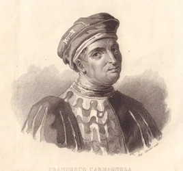 Portrait of Italian military leader Francesco da Bussone also known as Carmagnola, copper engraving by E Silvestri