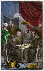 The Feast of Monks Violating Monastic Rules. They Drink Wine, Court the Maids. 18th Century (engraving)