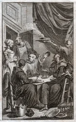 The Feast of Monks Violating Monastic Rules. They Drink Wine, Court the Maids. 18th Century (engraving)