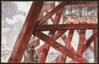 Tourists on the Stairs of the Eiffel Tower, Paris. Chefs Cooking in the Restaurant on the First Floor. 1889