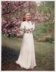 Woman modelling a dress near blossom, c 1940s