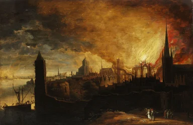 Burning City with Lot, the Angel and His Daughters
