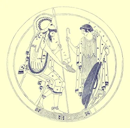 A Seated Warrior Holds His Wine Cup, illustration from Greek Vase Paintings by J. E. Harrison and D. S. MacColl, published 1894