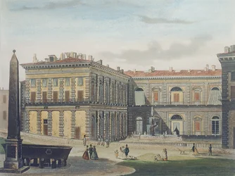 Internal Courtyard of Palazzo Pitti, Florence, Engraved by Johann Falkeisen and Coloured by L. Cherbuin