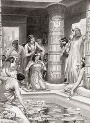 Guests arriving for dinner in ancient Egypt were given water to wash their feet and hands, anointed with scented oil and crowned with garlands of flowers, from Hutchinson