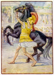 He ran toward the horse and seized the bridle