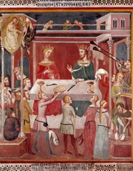 How the Demon asked God to try Job at the time of his prosperity. Fresco by Bartolo di Fredi (1330-1410). Collegiale de San Gimignano, Italy