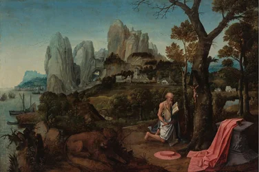 St. Jerome as penitent in the desert, half naked, kneeling before a crucifix and holding a stone in his hand to beat his breast