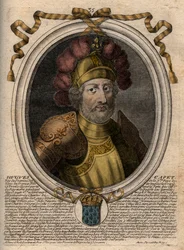 Portrait of Hugues I Capet (ca. 941 - 996), Duke of France then King of France. Engraving from 