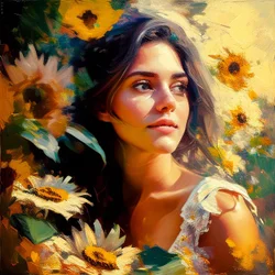 A beautiful girl in nature, surrounded by sunflowers