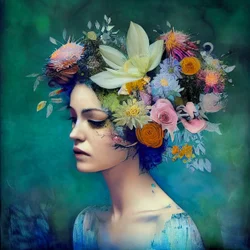 Beautiful Woman with Flowers, Abstract
