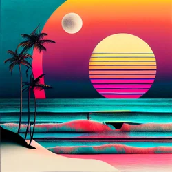 Sunset over the beach and palm trees