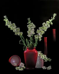 Green Blooms, Red Vases