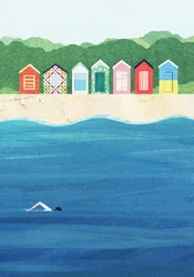 Colorful Beach Huts Ocean Swim