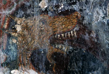 Bird, detail of punishment of damned in church of Agia Paraskevi, Voutas, Crete, Greece