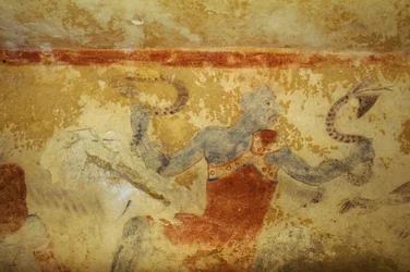 Blue Demon with snakes, fresco, Tomb of the Blue Demons, Necropolis of Tarquinia, Lazio, Italy. Etruscan civilization, 5th century BC
