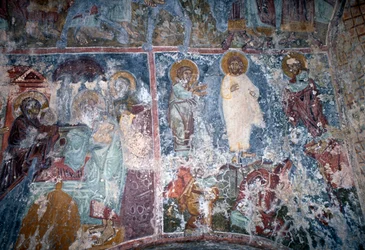 Christ and saints, fresco in Byzantine church of Sotiras Christos, Vlithias, Crete, Greece